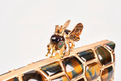 Hand-Carved Tigerseye & Falconseye Handbag Clutch "Kleodora Queen Bee"