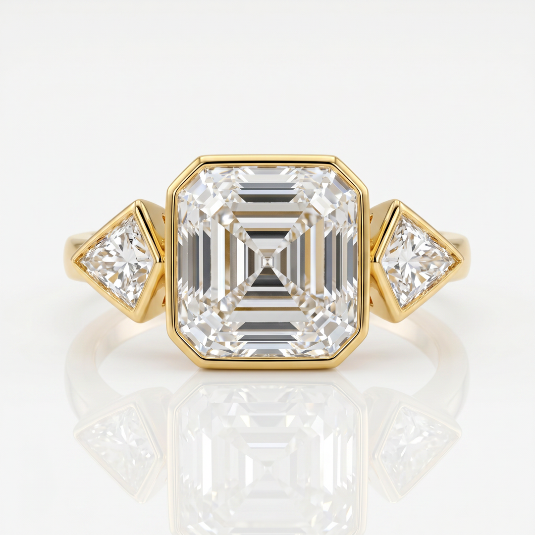 Azuri Asscher-Cut Three-Stone Lab-Grown Diamond Ring – 18K Yellow Gold Bezel