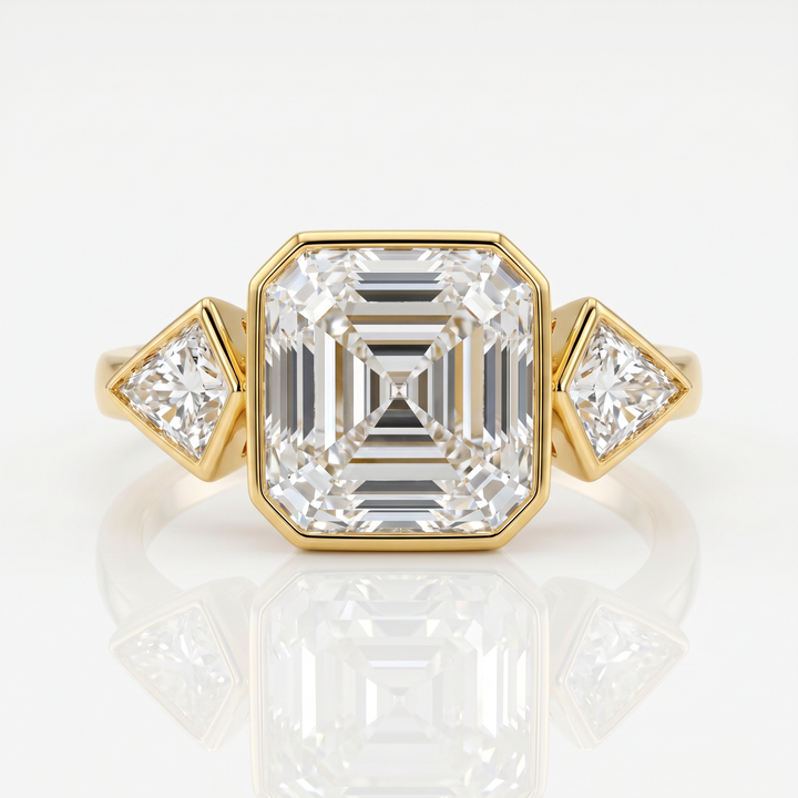 Azuri Asscher-Cut Three-Stone Lab-Grown Diamond Ring – 18K Yellow Gold Bezel