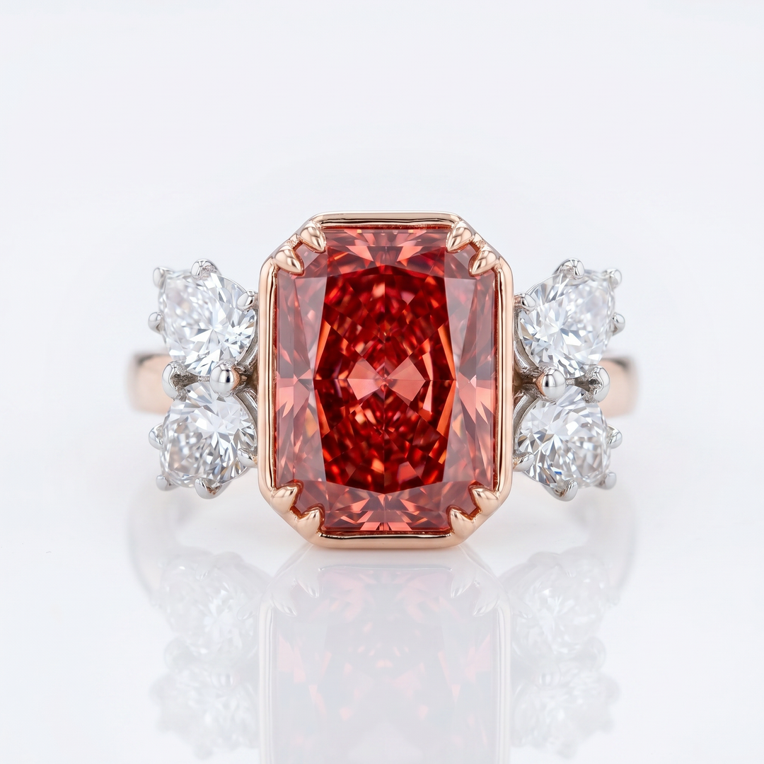 Azuri Fancy Red 4 ct radiant-cut lab-grown diamond ring in 18K white and rose gold with pear-cut white diamond wing clusters