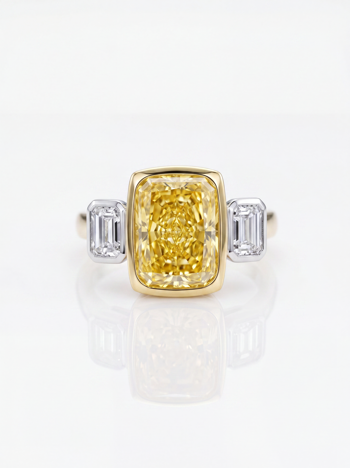 Fancy Vivid Yellow Radiant-Cut Lab-Grown Three-stone Diamond Ring