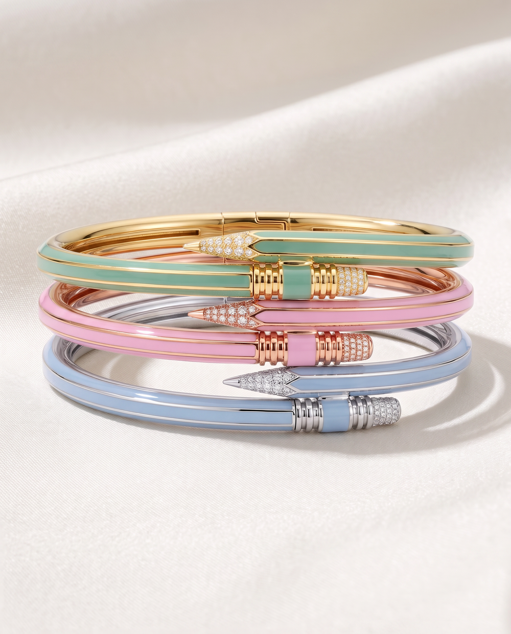Paris X TZURI Travel Collection enamel bracelets in green, pink and blue, stacked