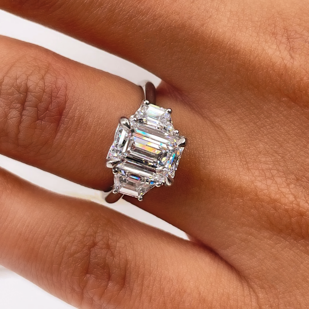 "Electra" Colorless Emerald-cut Three-stone Lab-Grown Diamond Ring