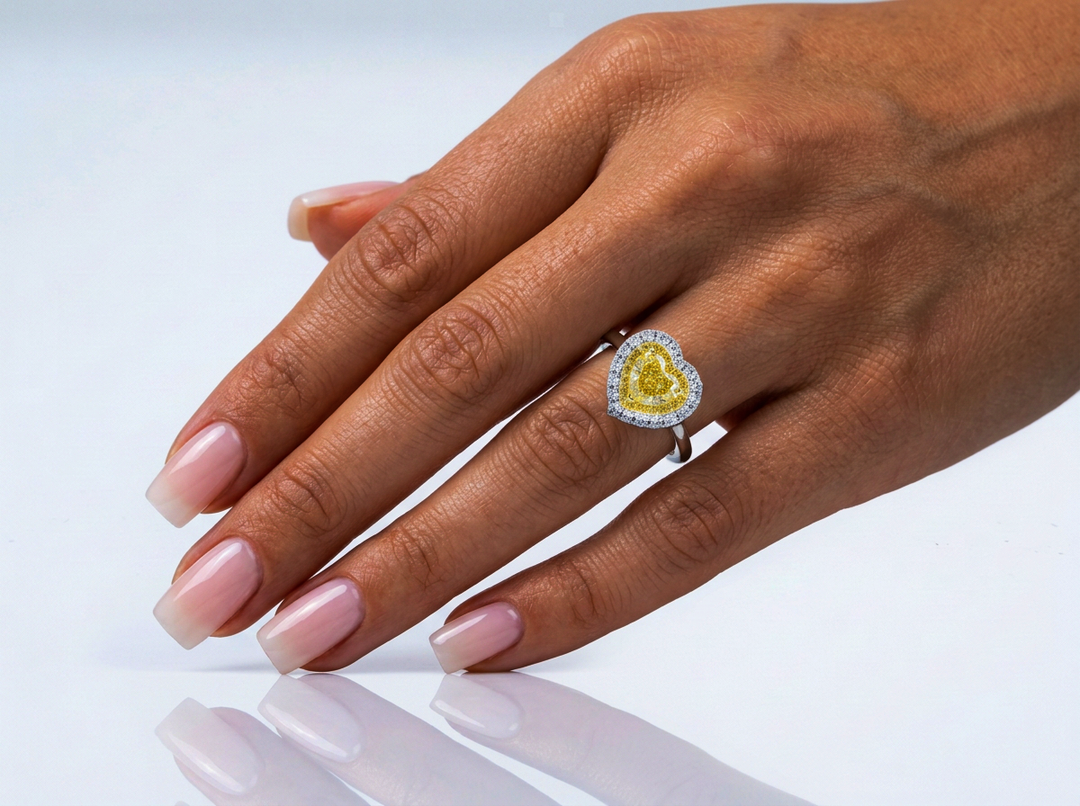 Fancy Vivid Yellow Heart Lab-Grown Diamond Double Halo Ring – 1 ct, 14K White Gold
