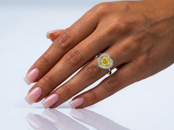 Fancy Vivid Yellow Heart Lab-Grown Diamond Double Halo Ring – 1 ct, 14K White Gold