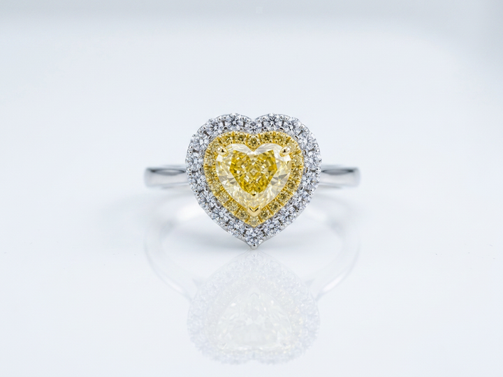 Fancy Vivid Yellow Heart Lab-Grown Diamond Double Halo Ring – 1 ct, 14K White Gold