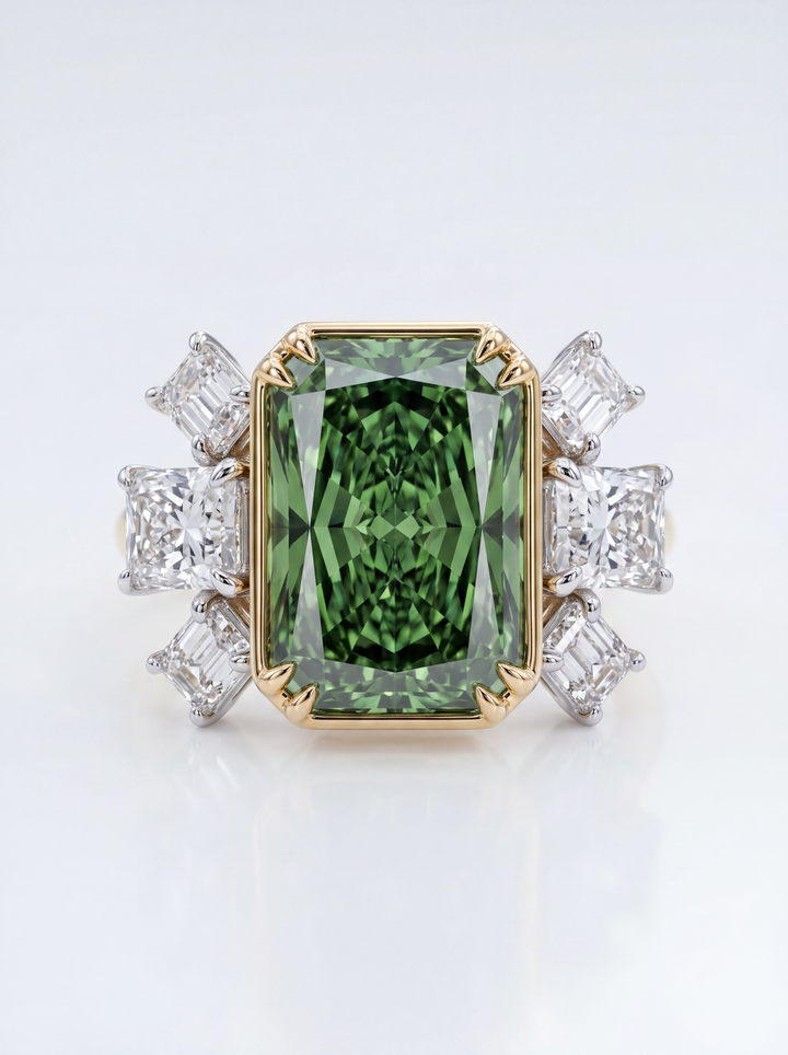 Green gemstone ring with gold and diamond accents on a white background