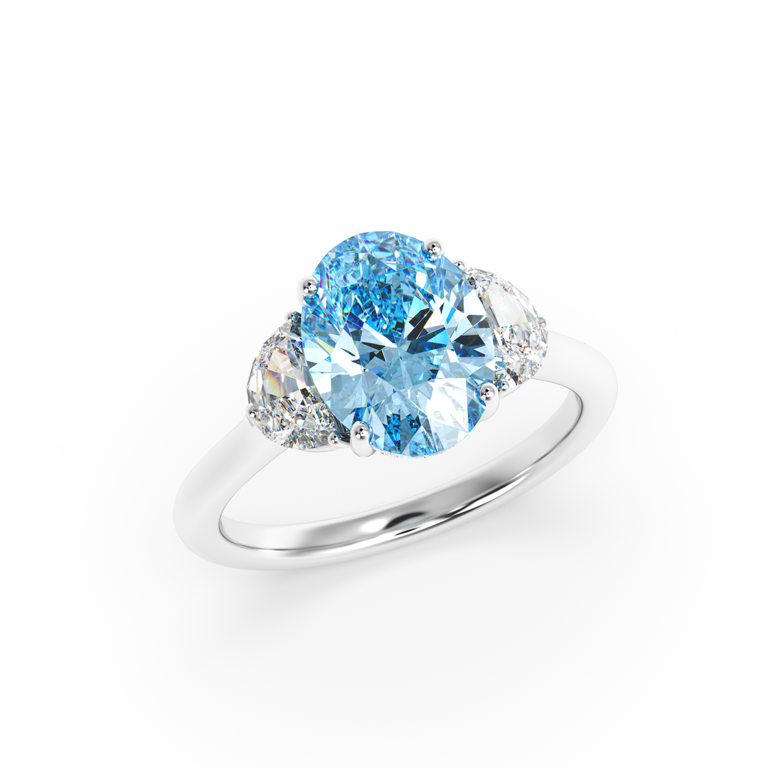 Olivia Fancy Vivid Blue Oval-cut Grown Diamond in Three-Stone Ring