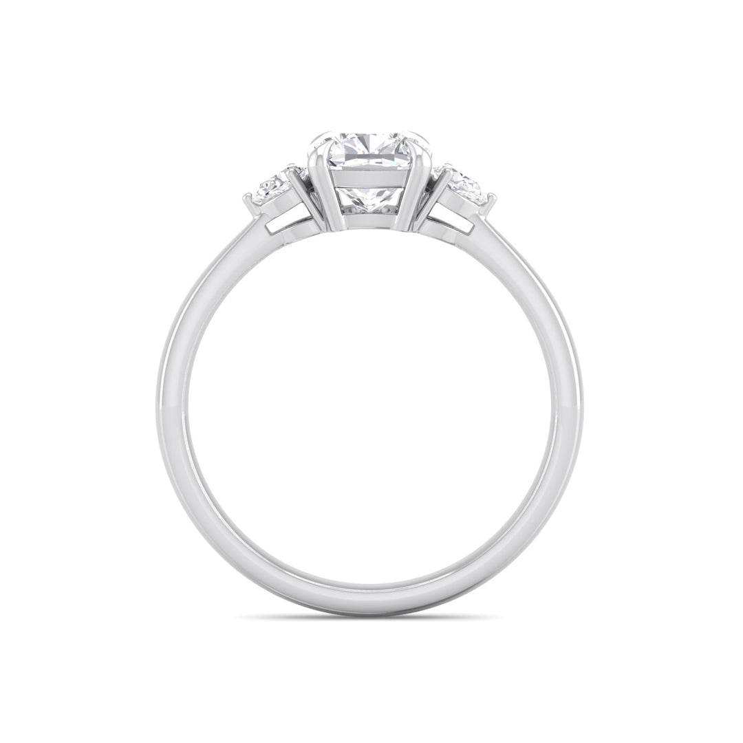 Three-Stone Cushion Diamond Engagement Ring With Pear-Shaped Side Diamonds