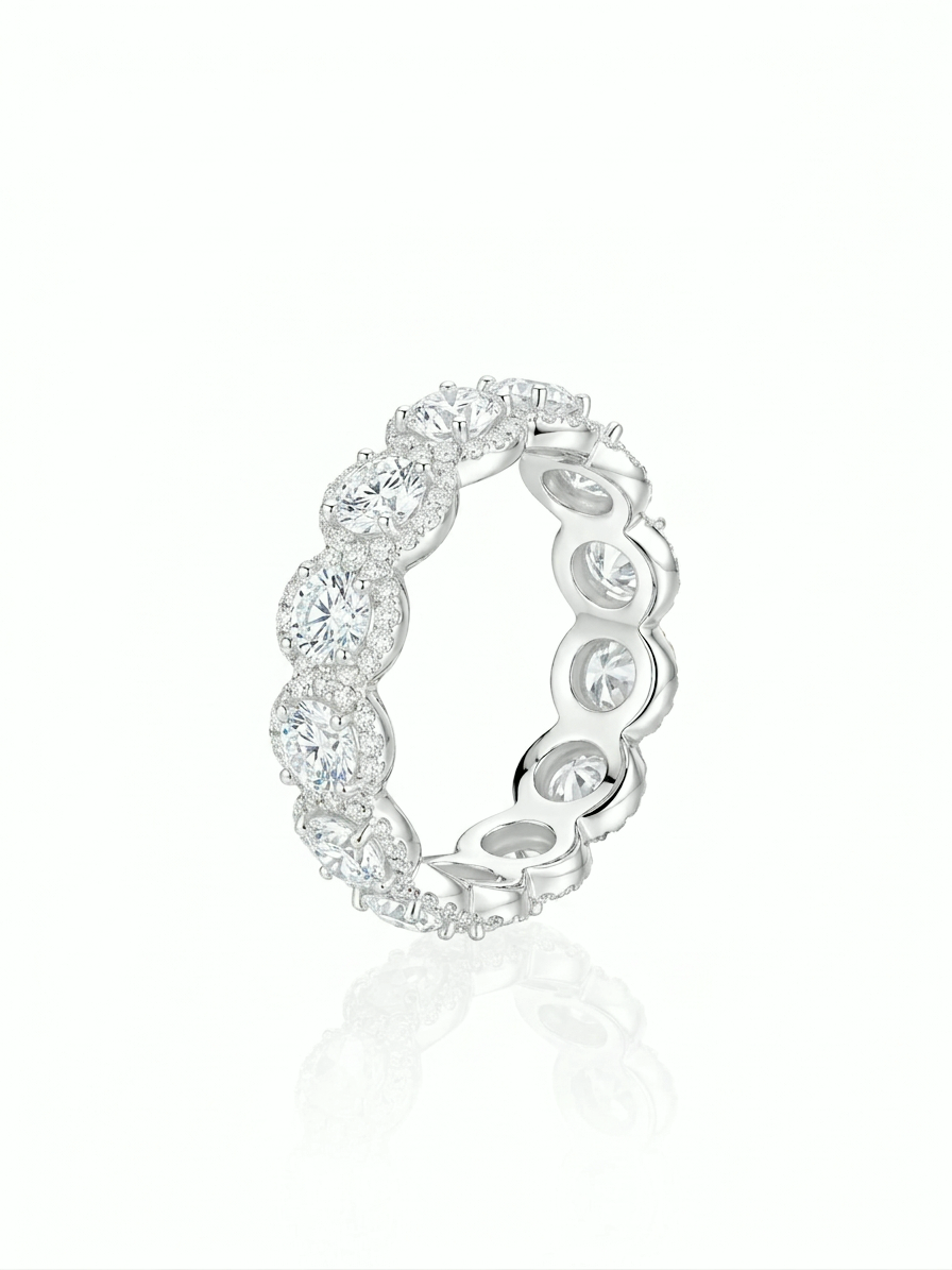 Round Brilliant Lab-Grown Diamond Halo Eternity Band – 18K White Gold
