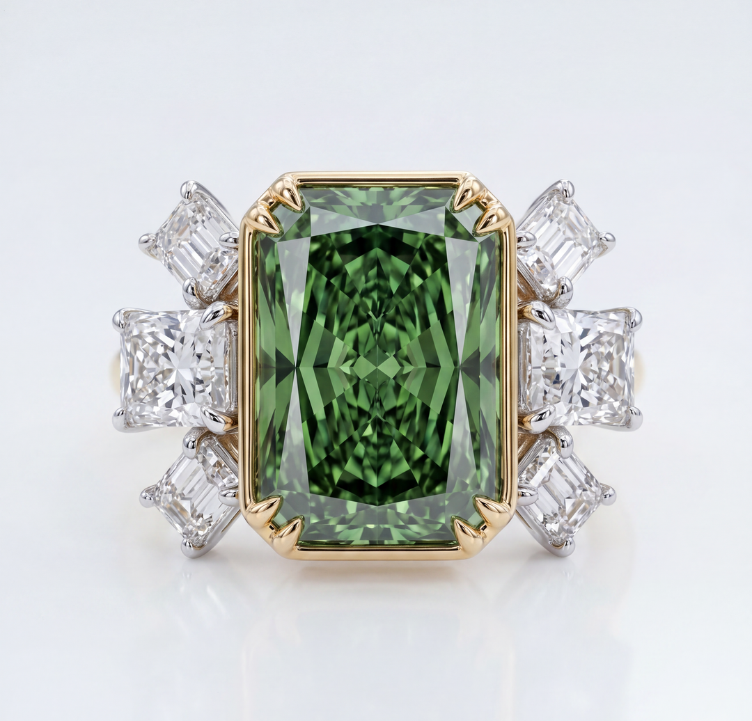 Azuri 7 ct fancy vivid green radiant-cut lab-grown diamond cocktail ring with white diamond clusters