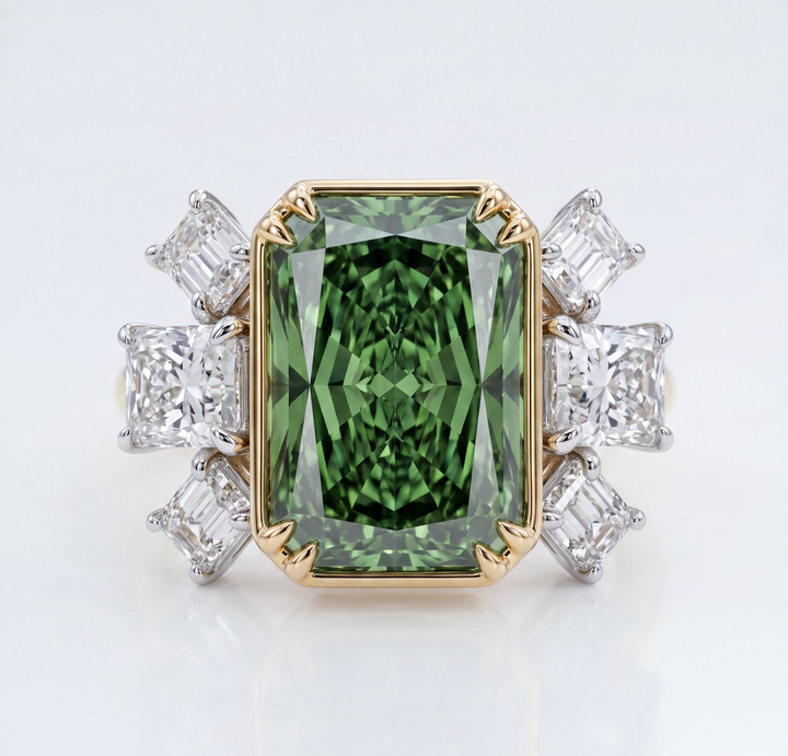 Azuri 7 ct fancy vivid green radiant-cut lab-grown diamond cocktail ring with white diamond clusters