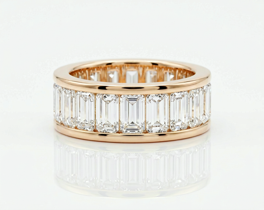 Channel-set baguette lab-grown diamond eternity band, 8.75 ct total, in 18K rose gold