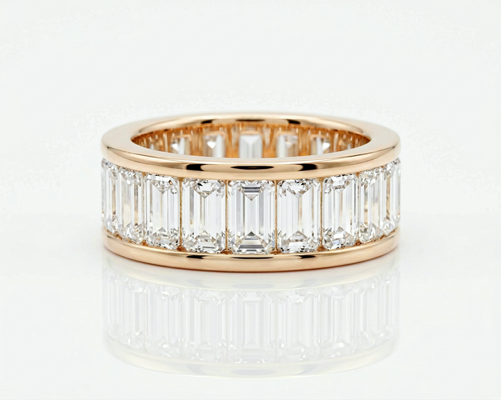 Channel-set baguette lab-grown diamond eternity band, 8.75 ct total, in 18K rose gold