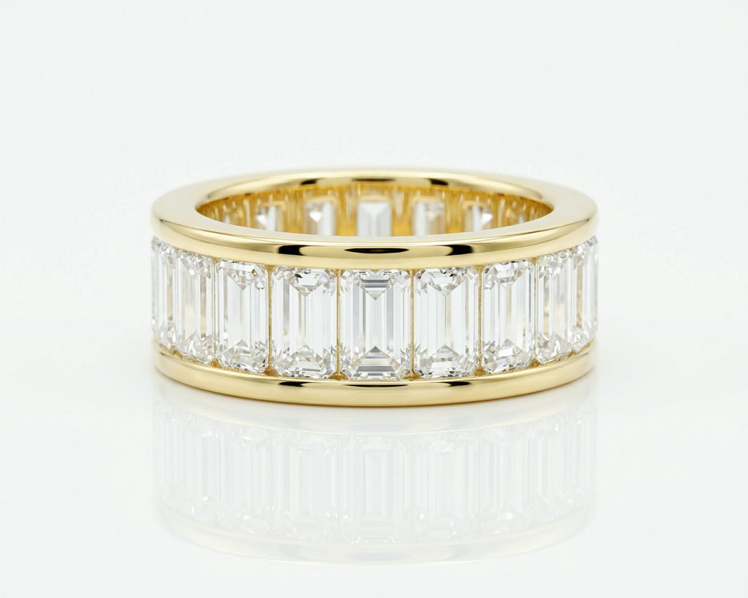 Channel-set baguette lab-grown diamond eternity band, 8.75 ct total, in 18K yellow gold