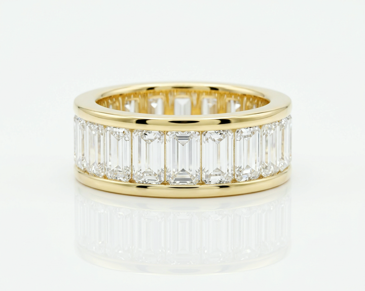 Channel-set baguette lab-grown diamond eternity band, 8.75 ct total, in 18K yellow gold