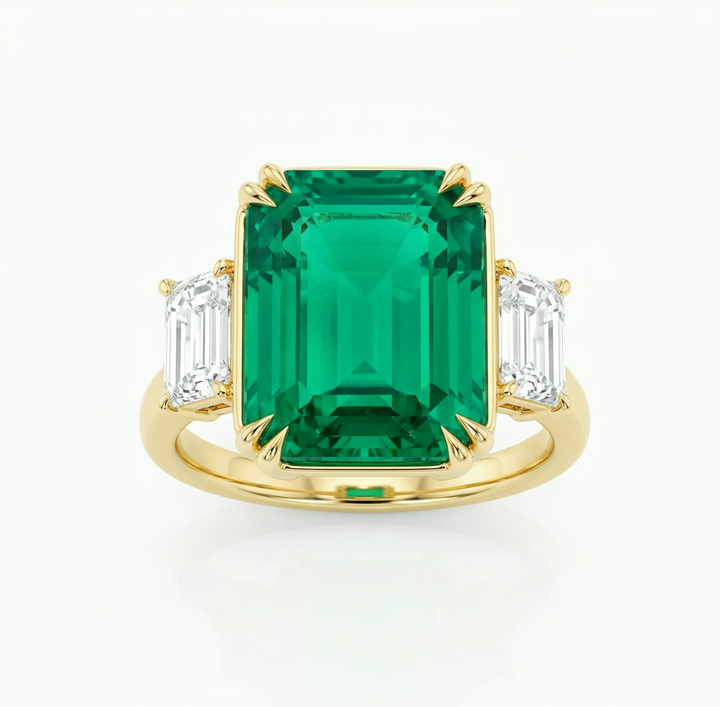 10.46 ct emerald-cut lab-grown emerald three-stone ring with emerald-cut diamond sides in 14K yellow gold