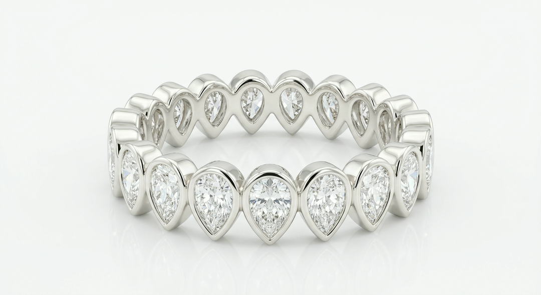 Bezel-set pear lab-grown diamond full eternity band, 8 ct total, in 14K white gold