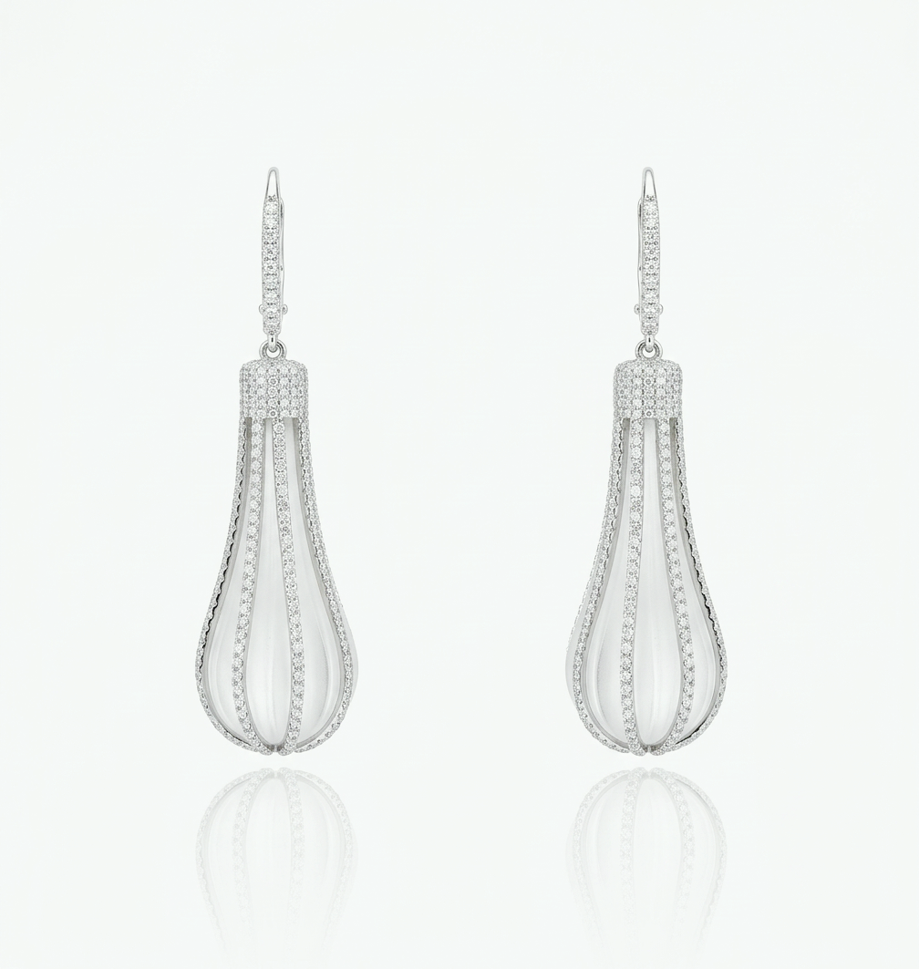 Carved rock crystal drop earrings, 20 ct each, with lab-grown diamond pavé cage in 14K white gold