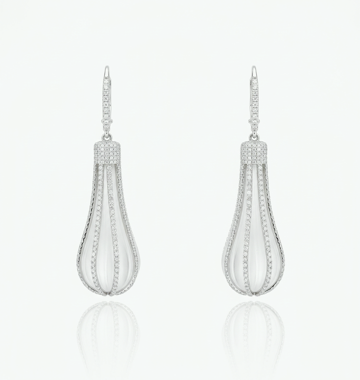 Carved rock crystal drop earrings, 20 ct each, with lab-grown diamond pavé cage in 14K white gold
