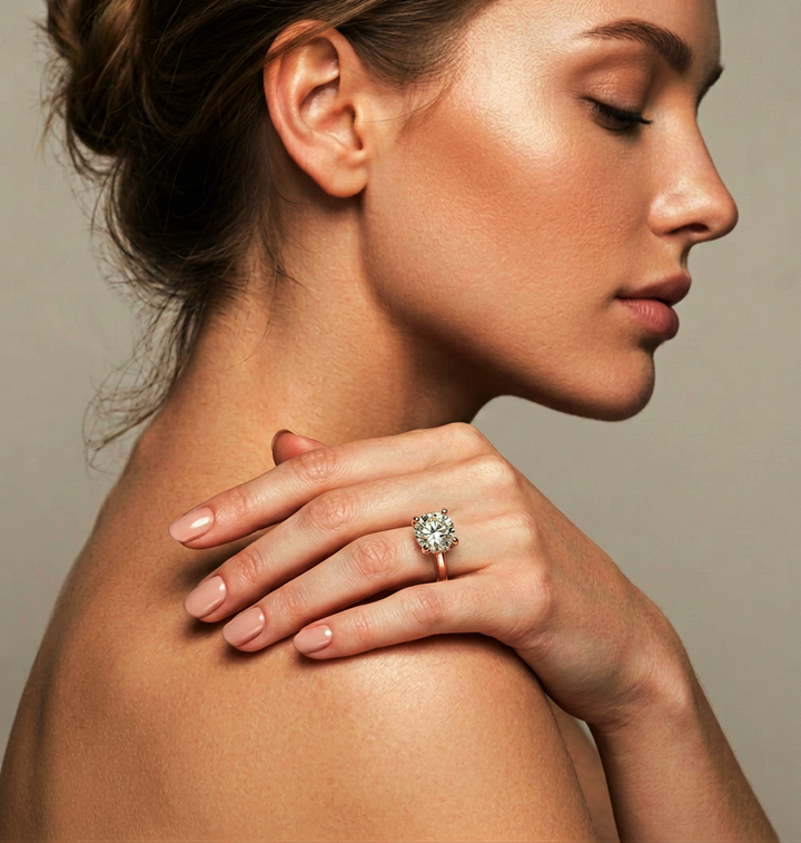 Model wearing the 7 ct round lab-grown diamond solitaire in rose gold