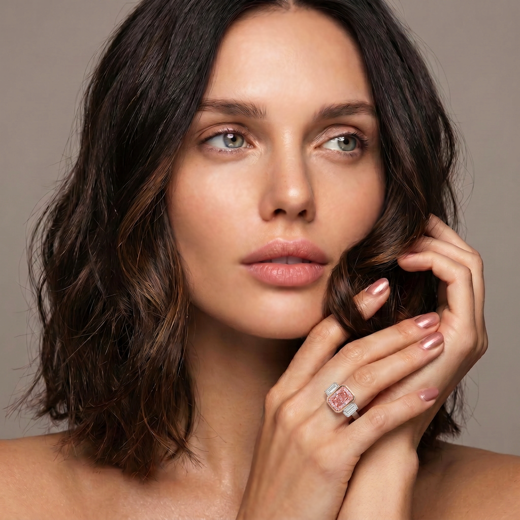 Model wearing the Azuri Fancy Vivid Pink radiant-cut three-stone lab-grown diamond ring