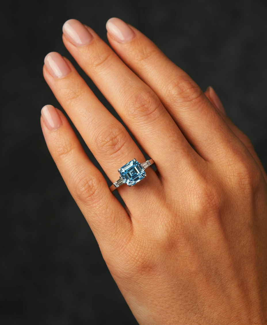 Model wearing the fancy blue Asscher-cut lab-grown diamond ring with baguette side stones