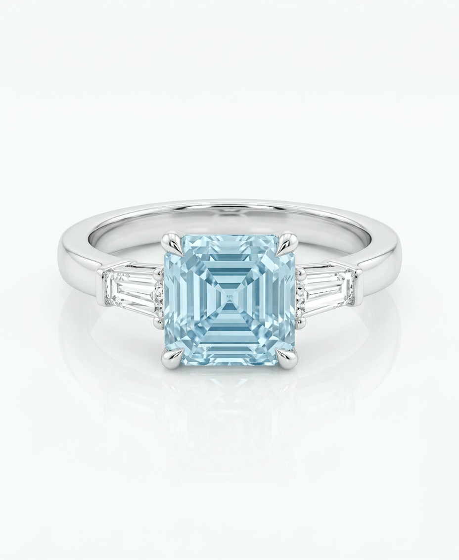 2 ct fancy blue Asscher-cut lab-grown diamond ring with tapered baguette side stones in 14K white gold, front view