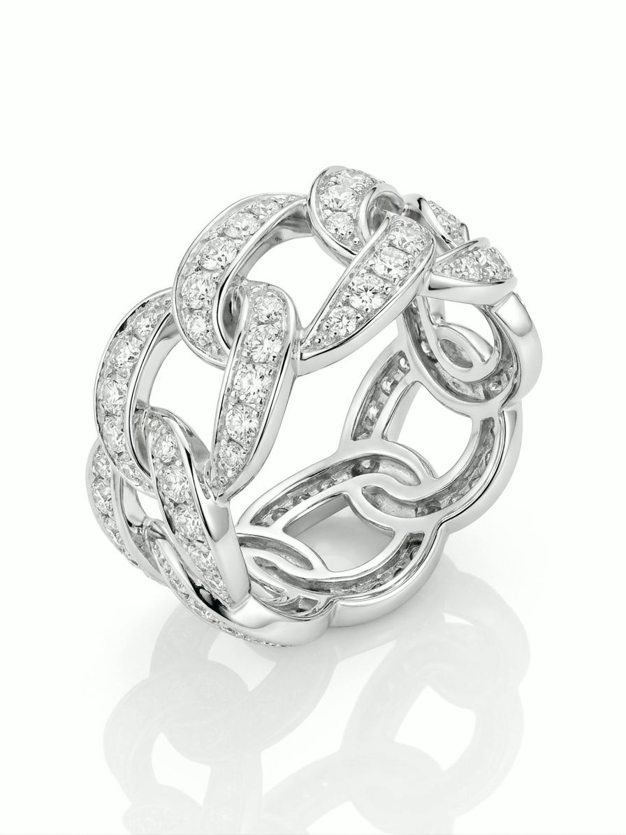 Lab-grown diamond curb chain ring with 70 pavé diamonds, 1.63 ct total, in 18K white gold