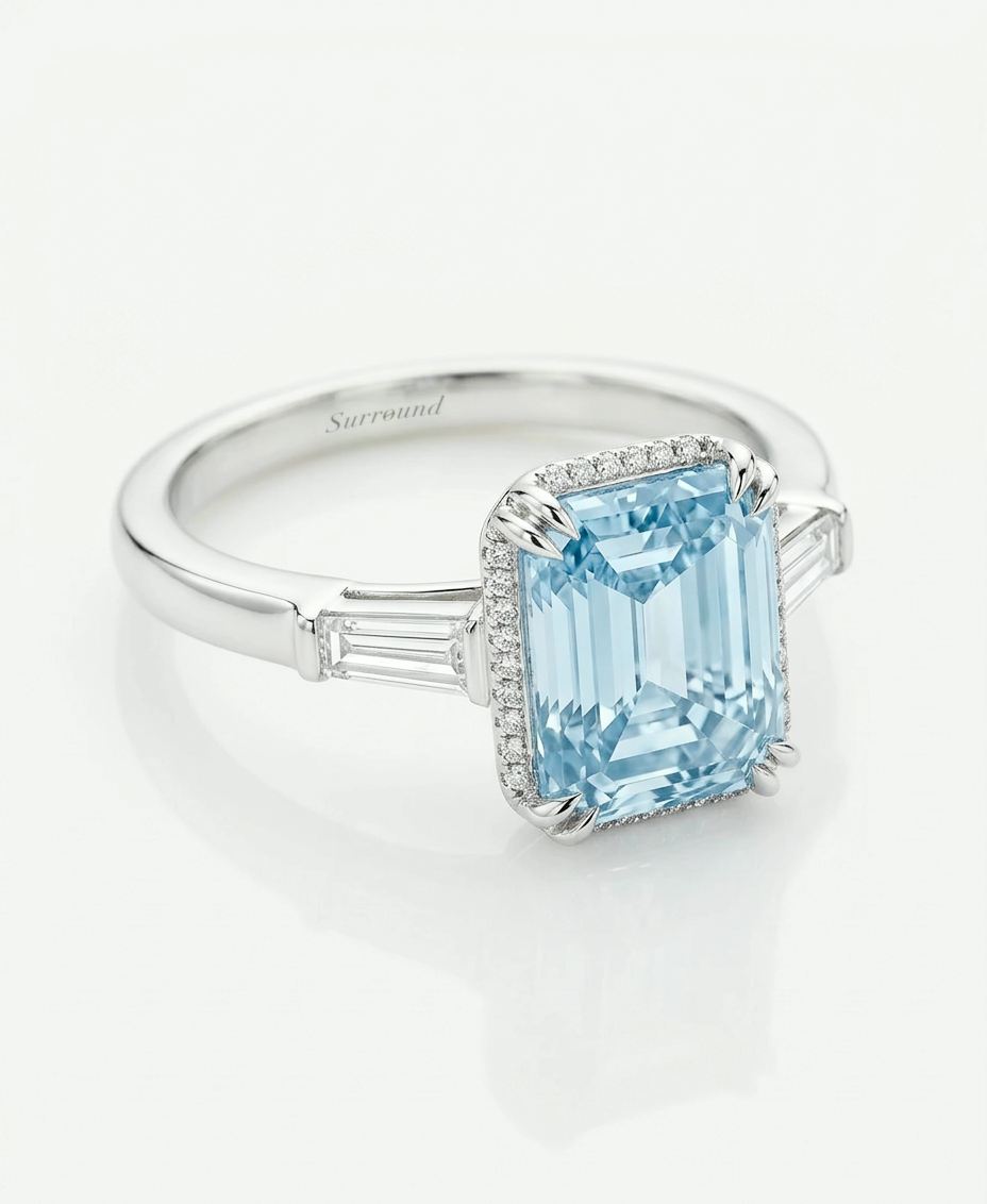 4 ct fancy blue emerald-cut lab-grown diamond halo ring with baguette side stones in 14K white gold