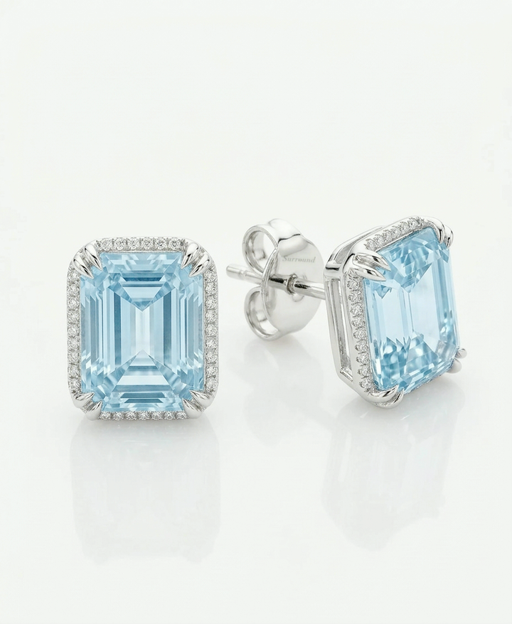 Fancy blue emerald-cut lab-grown diamond halo stud earrings, 2 ct each, in 14K white gold