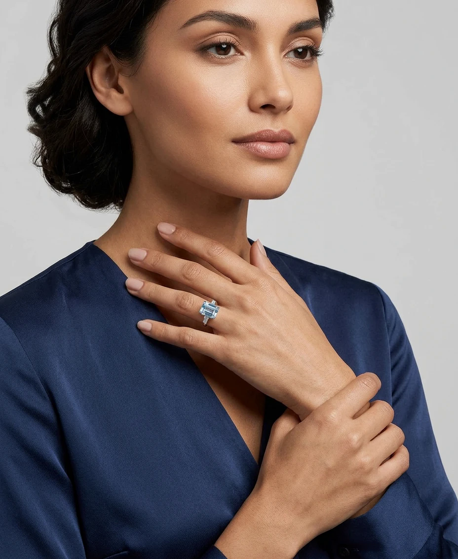 Model wearing the fancy blue emerald-cut lab-grown diamond ring