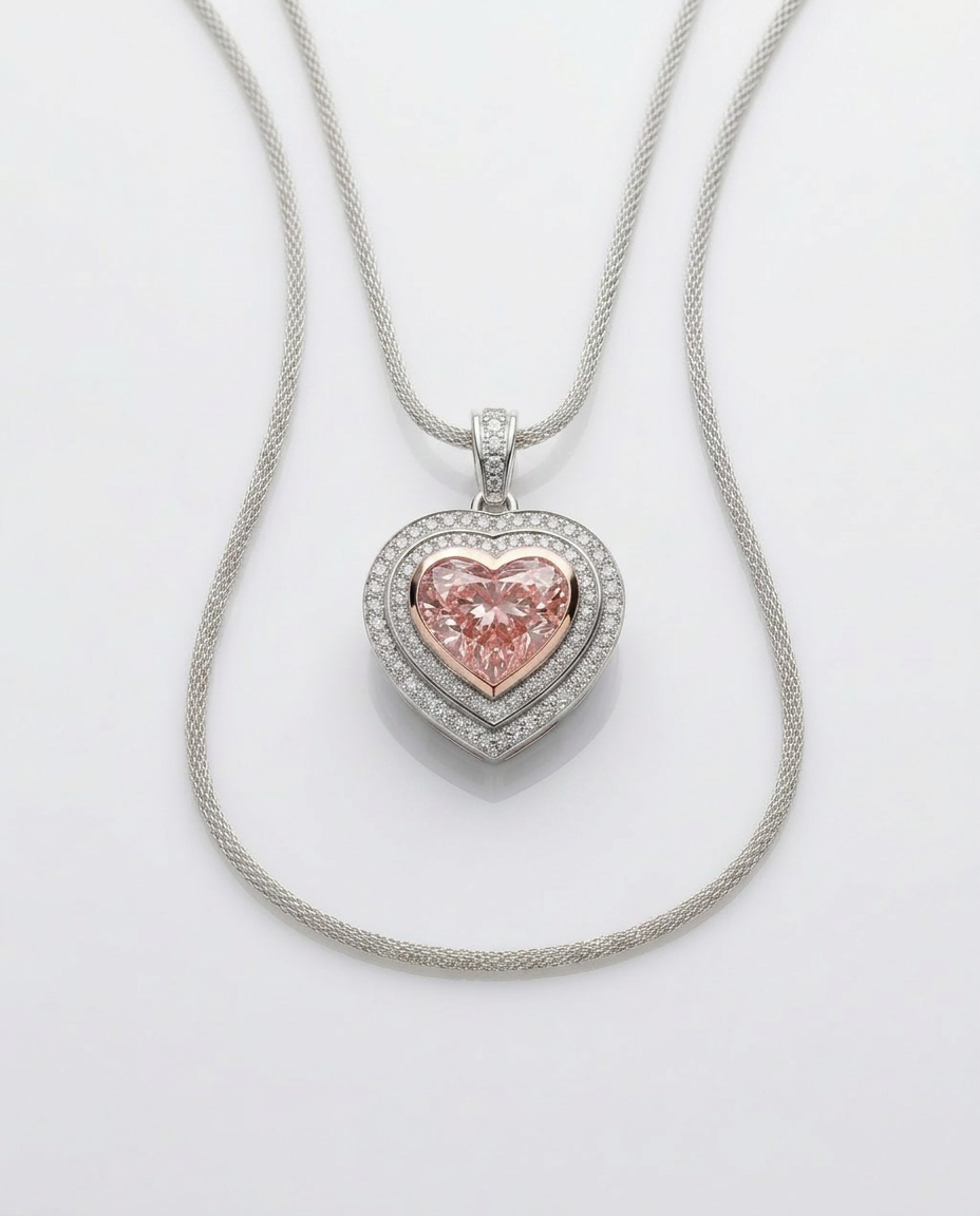 Fancy Vivid Pink heart lab-grown diamond pendant shown on a double mesh chain — chain sold separately