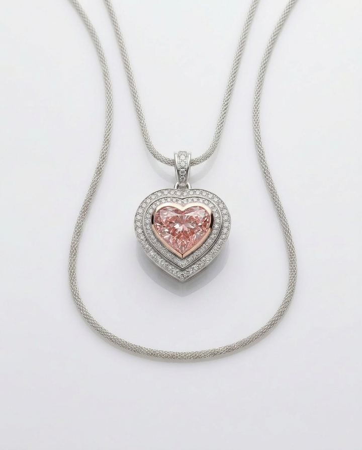 Fancy Vivid Pink heart lab-grown diamond pendant shown on a double mesh chain — chain sold separately