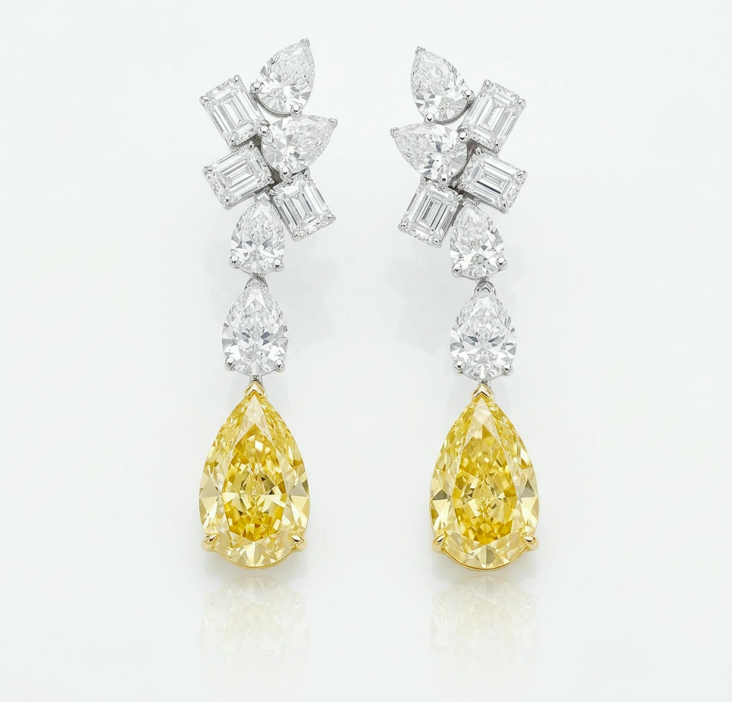 Fancy Intense Yellow pear lab-grown diamond drop earrings with mixed-cut white diamond cluster tops in white gold