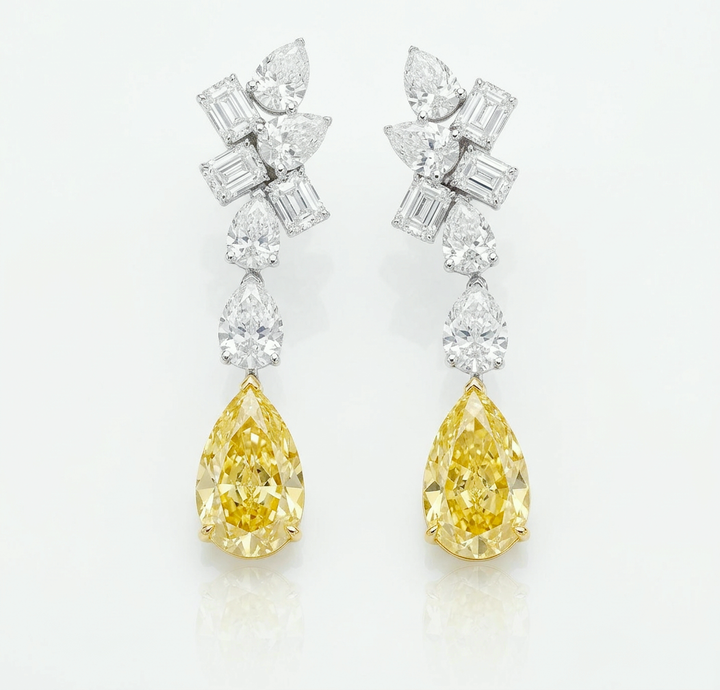 Fancy Intense Yellow pear lab-grown diamond drop earrings with mixed-cut white diamond cluster tops in white gold