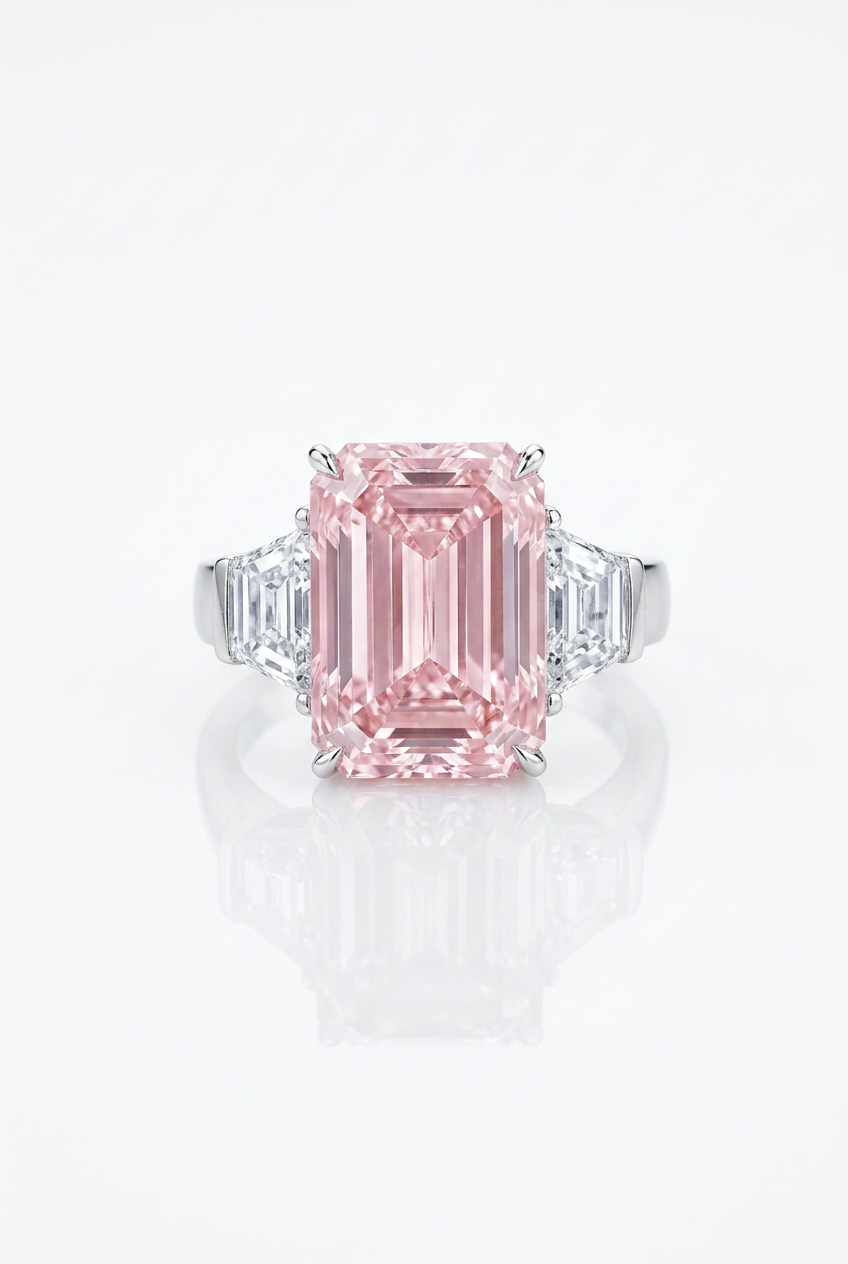 7.5 ct Fancy Vivid Pink emerald-cut lab-grown diamond three-stone ring with trapezoid side stones in 14K white gold — studio view