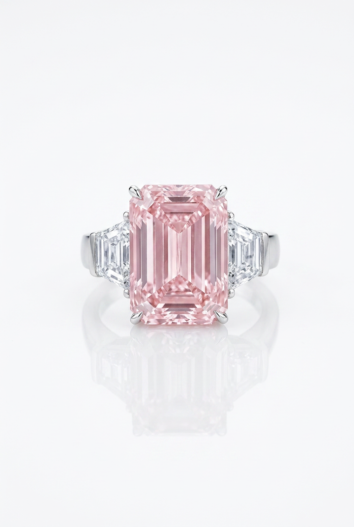 7.5 ct Fancy Vivid Pink emerald-cut lab-grown diamond three-stone ring with trapezoid side stones in 14K white gold — studio view