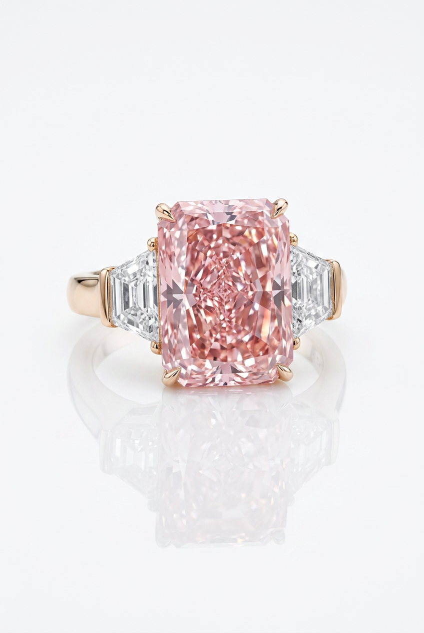 7.5 ct Fancy Vivid Pink radiant-cut lab-grown diamond three-stone ring in 14K rose gold — studio view