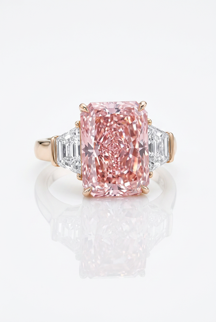 7.5 ct Fancy Vivid Pink radiant-cut lab-grown diamond three-stone ring in 14K rose gold — studio view