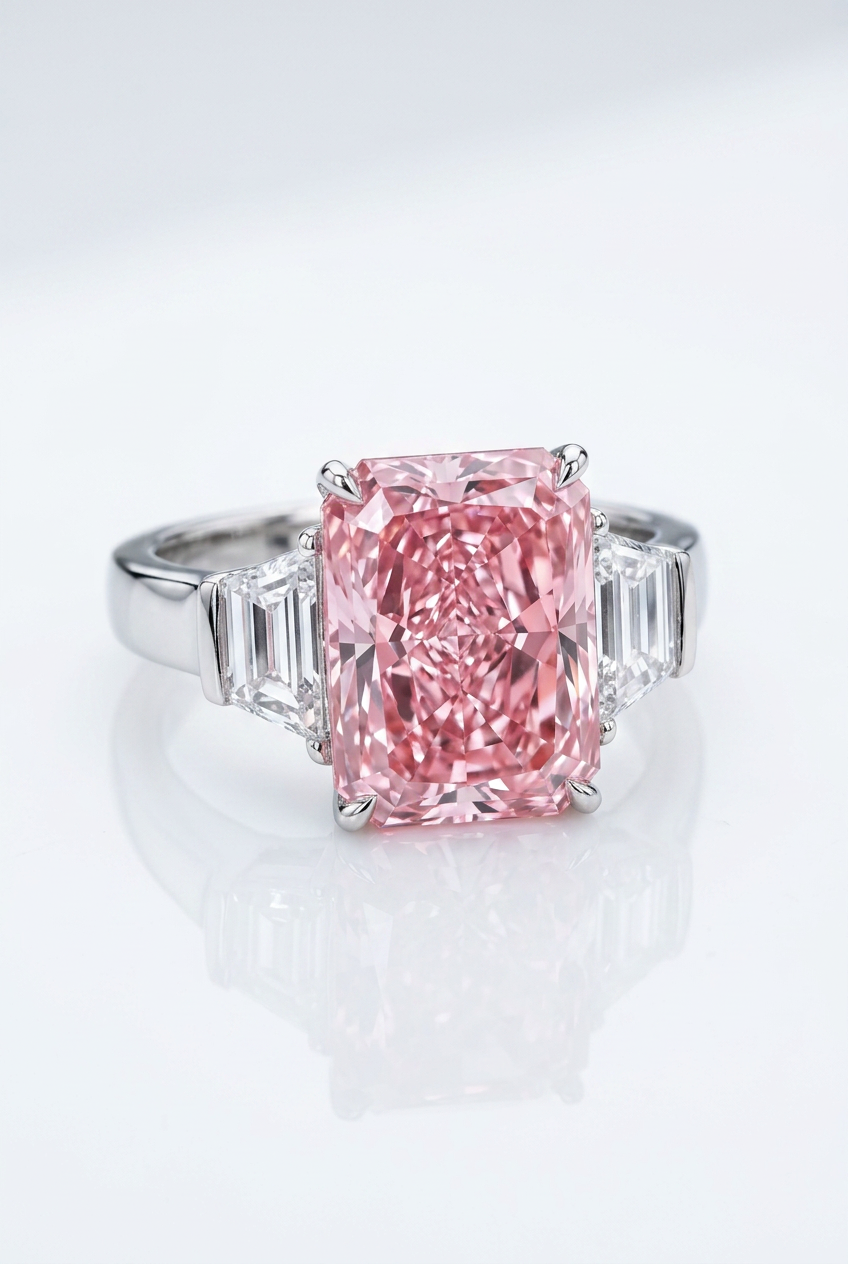 7.5 ct Fancy Vivid Pink radiant-cut lab-grown diamond three-stone ring with trapezoid side stones in 14K white gold — studio view