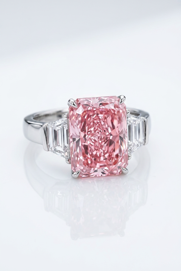 7.5 ct Fancy Vivid Pink radiant-cut lab-grown diamond three-stone ring with trapezoid side stones in 14K white gold — studio view