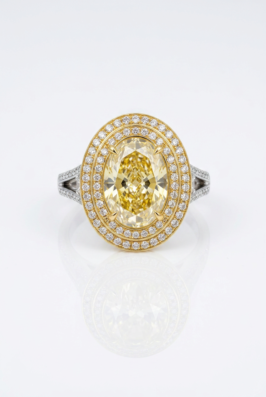 Fancy Vivid Yellow oval lab-grown diamond ring with double white pavé halo on a yellow gold frame and white gold split shank — studio front view