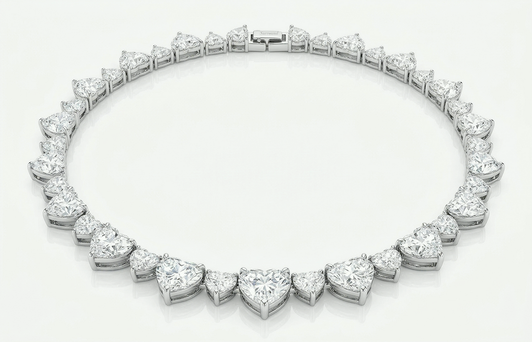 Graduated heart-shaped lab-grown diamond riviera necklace, 48.52 ct total, in 18K white gold