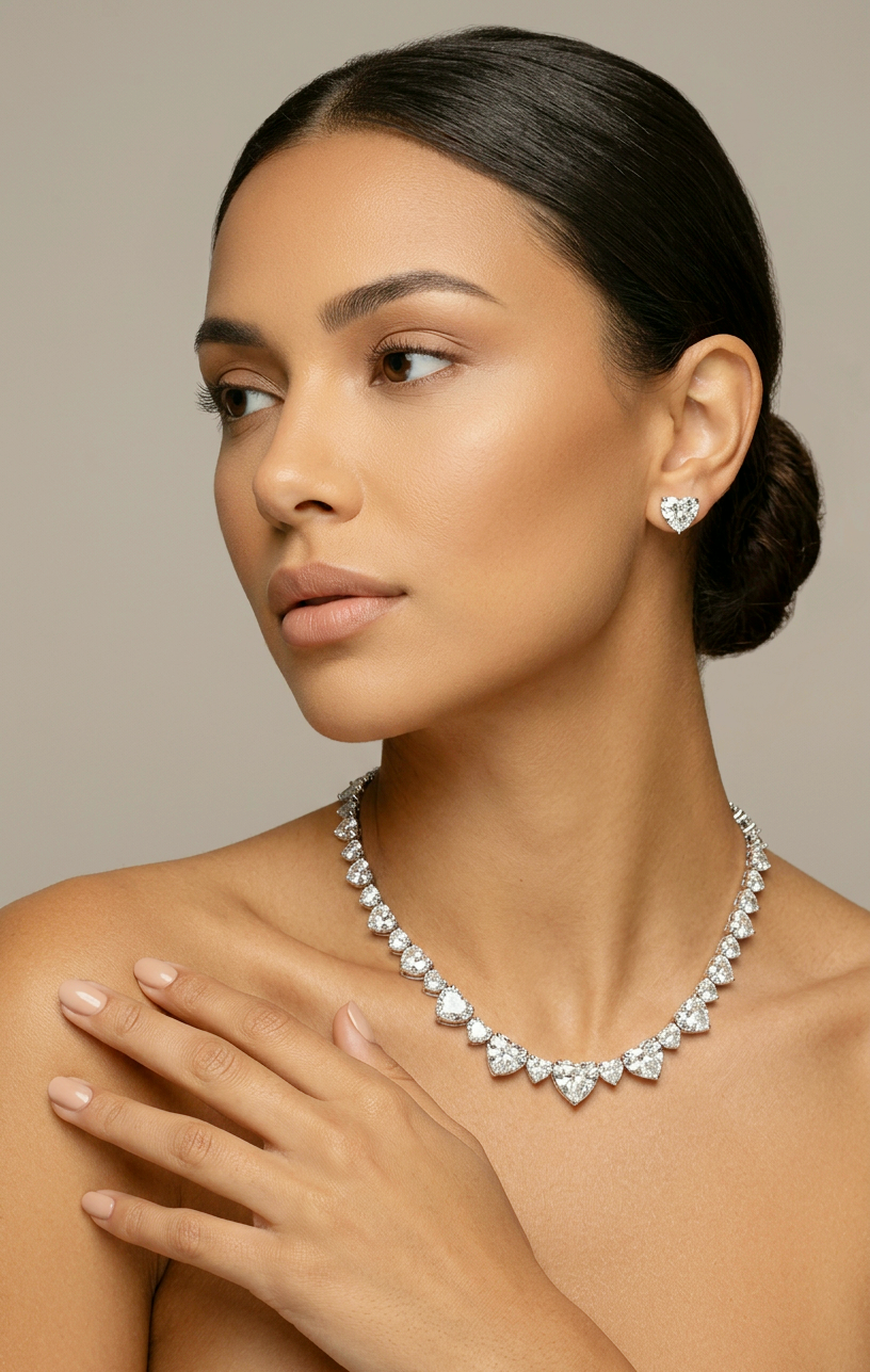 Model wearing the heart-shaped lab-grown diamond riviera necklace