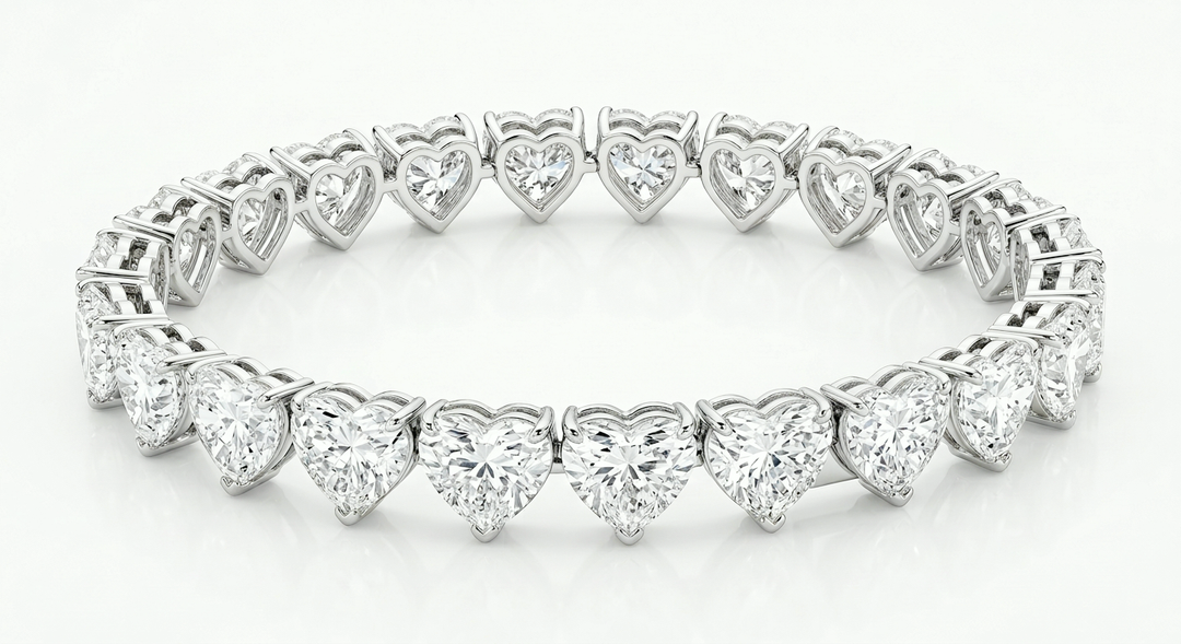Heart-shaped lab-grown diamond tennis bracelet, 39.10 ct total, E VS1, in 18K white gold