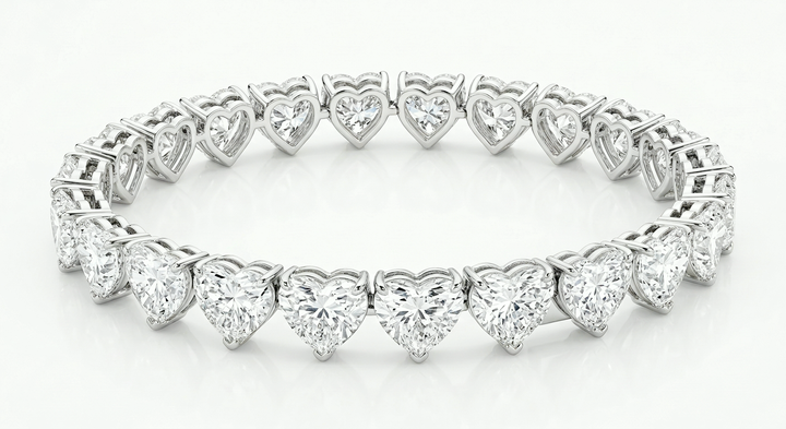 Heart-shaped lab-grown diamond tennis bracelet, 39.10 ct total, E VS1, in 18K white gold