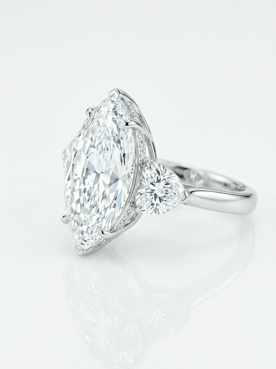 10.07 ct marquise lab-grown diamond three-stone ring with heart side stones in 18K white gold