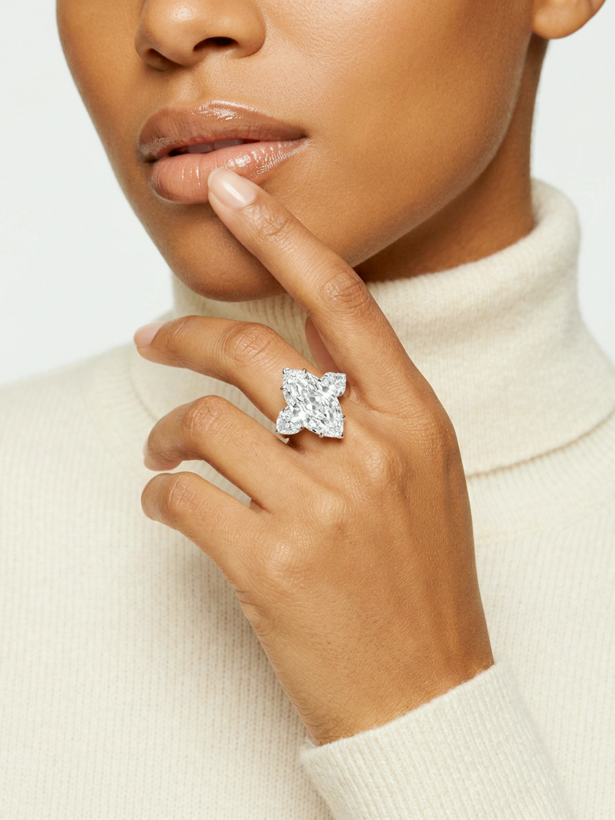 Model wearing the 12.23 ct total marquise and heart lab-grown diamond ring
