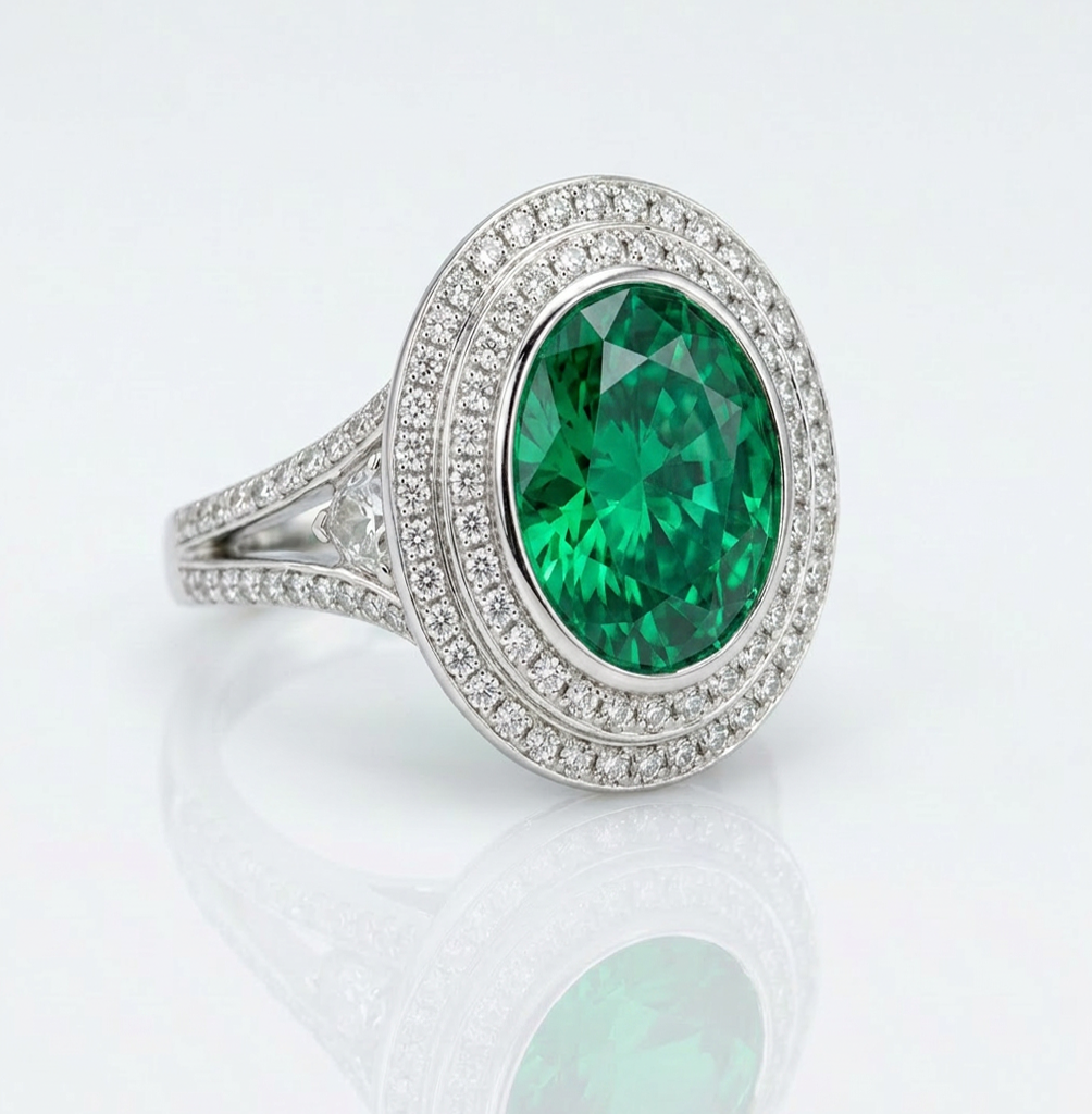 Oval lab-grown emerald ring with double diamond pavé halo, shield-cut side stones and split pavé shank in 14K white gold — studio view